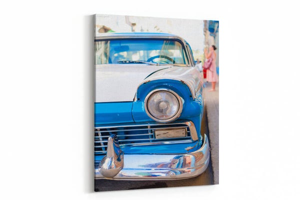 Closeup of blue classic vintage car in Old Havana, Cuba