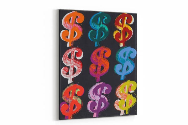 Een opvallende collage van meerdere dollartekens in felle pop-art tinten