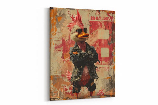 Een brutale eend met een leren jasje en een opgestoken kuif