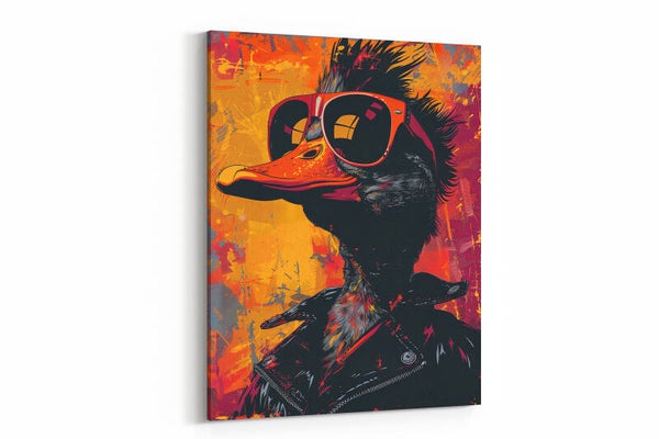 Een stoere eend met een leren jas en zonnebril, vol attitude
