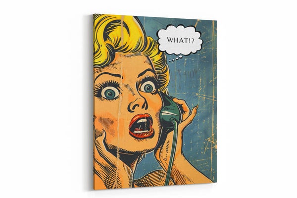 Een klassieke pop-art afbeelding met een verbaasde uitdrukking