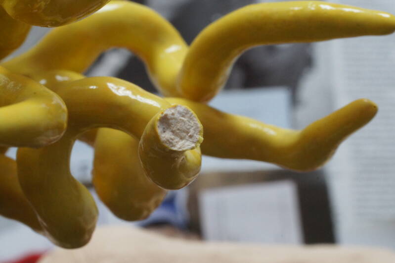 Afgebroken haarpunt van aardewerk beeld "Showgirl"