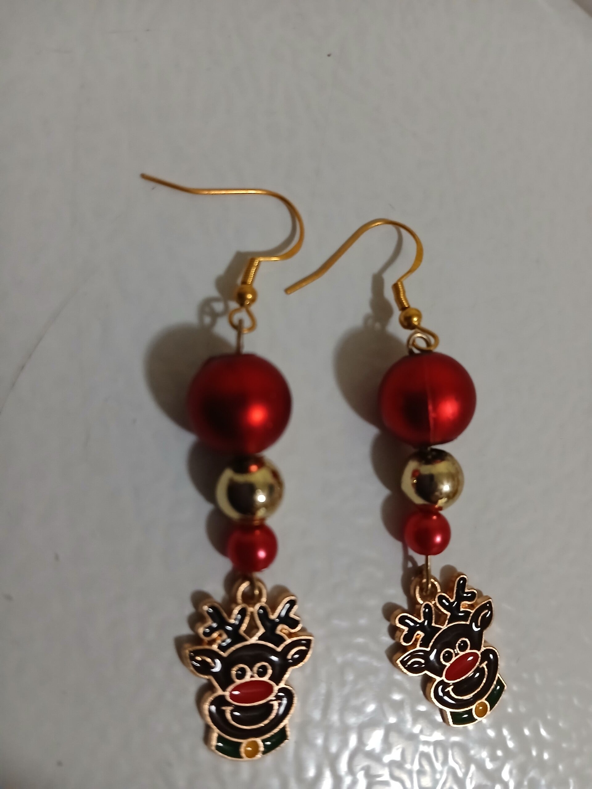 Holiday Christmas Dangle Dark Reindeer with Red and Gold beads