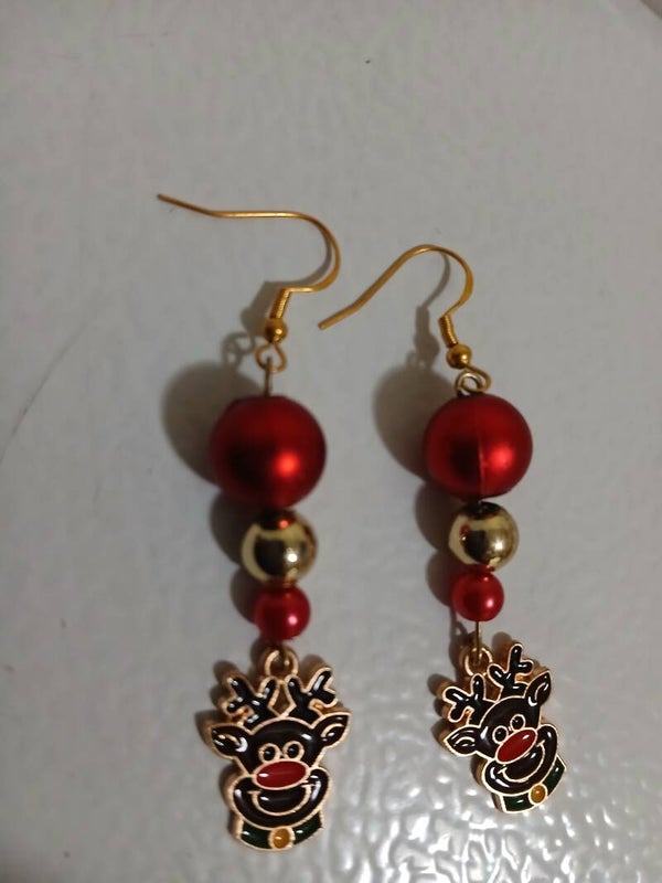 Holiday Christmas Dangle Dark Reindeer with Red and Gold beads