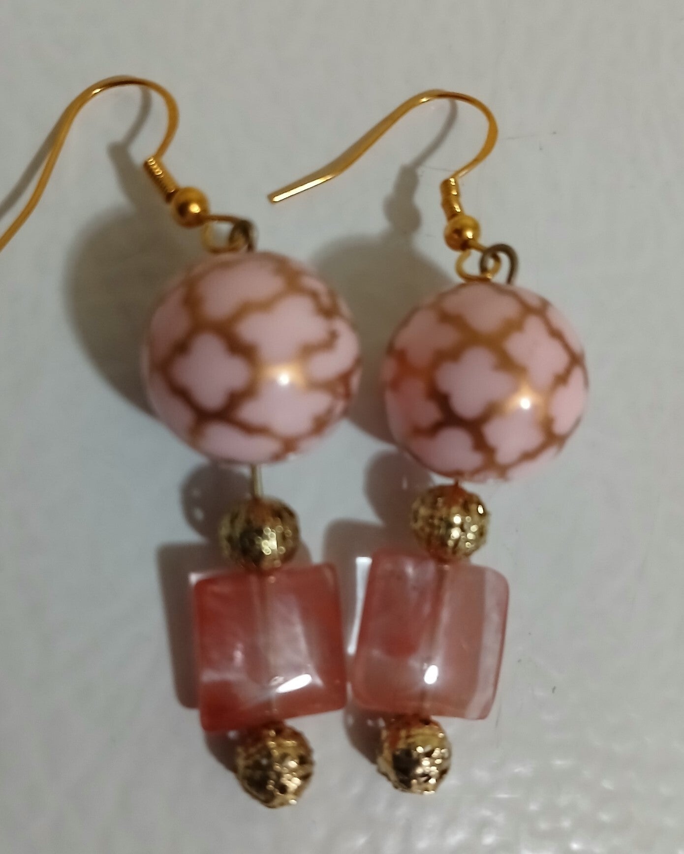 Drop pink n Gold bead with rose Quartz Square