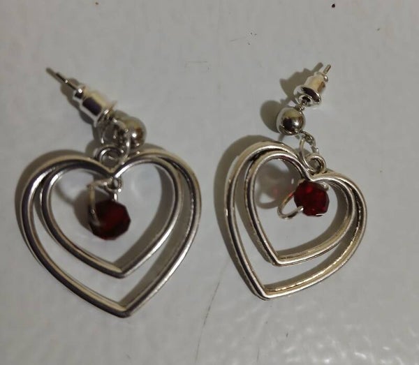 Posts Double Hearts Silver Red (wire wrapped)