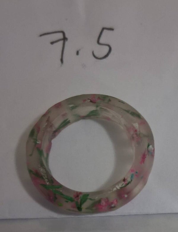 Resin Ring Pink flowerw and leaves 7.5