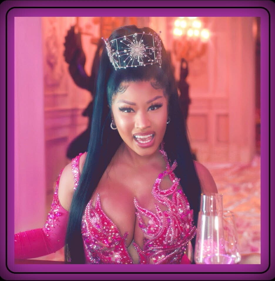"Nicki Minaj, the Queen of Rap, in an all-pink bedazzled sexy dress with a sparkling crown, radiating confidence and high-fashion glamour."