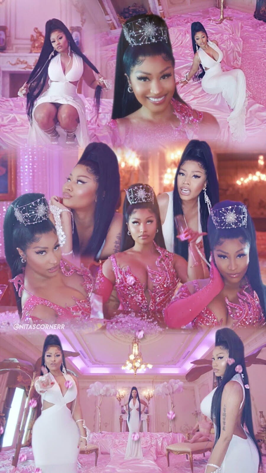 A collage of Onika Tanya Maraj-Petty slaying a pink gown and then a white gown, rocking different crowns in a glamorous palace setting–mimicking her title as the queen of rap.