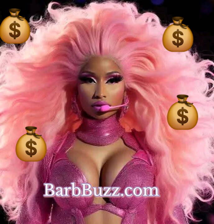 Nicki minaj in performance attire—pink leather, big pink hair and pink microphone looking glam with emoji money bags surrounding her in representation of her making over 108 million dollars revenue on pink Friday 2 world tour.