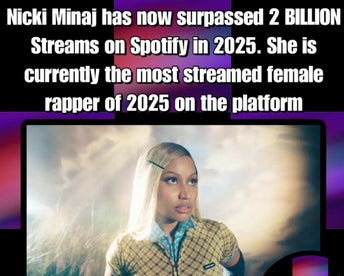 Text at the top reads: "Nicki Minaj has now surpassed 2 BILLION streams on Spotify in 2025. She is the most streamed female rapper on the platform this year." Below is a Nicki with long blonde hair wearing a yellow plaid shirt.