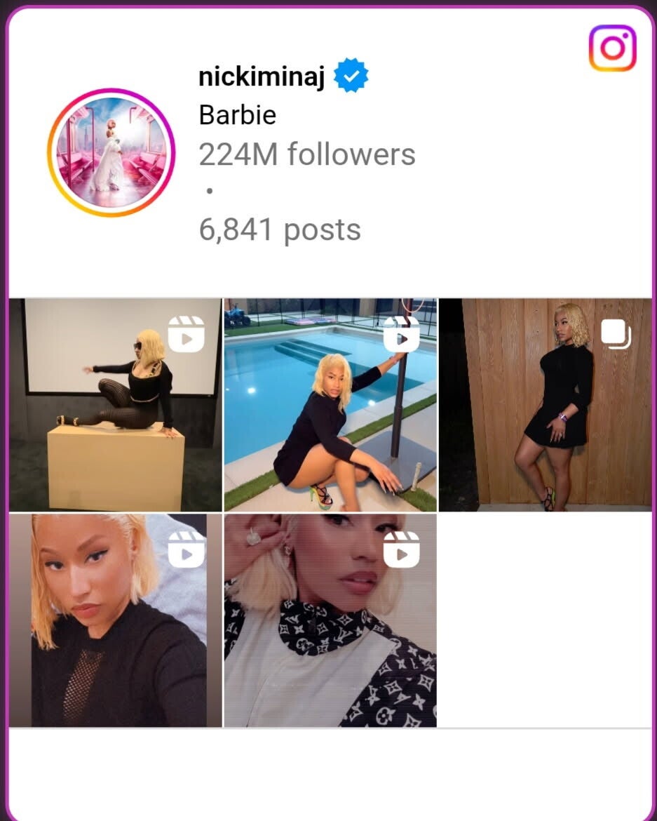 screenshot of Nicki Minaj’s official Instagram page