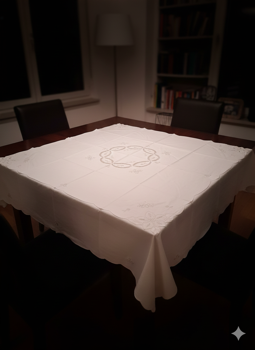 NAP004 - Nappe blanche carrée en coton brodée