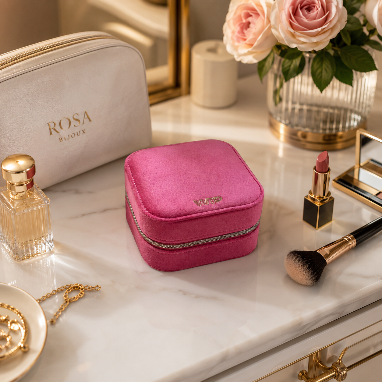 Vierkant reisetui – fuchsia velours