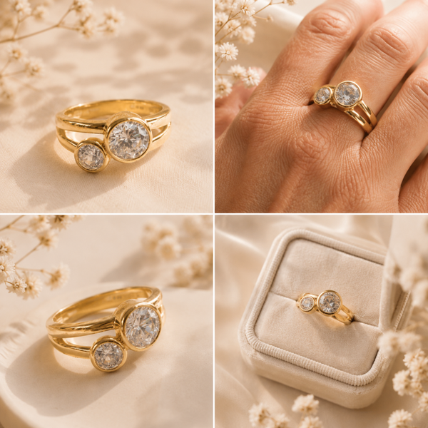 Verguld zilveren ring met dubbele zirkonia