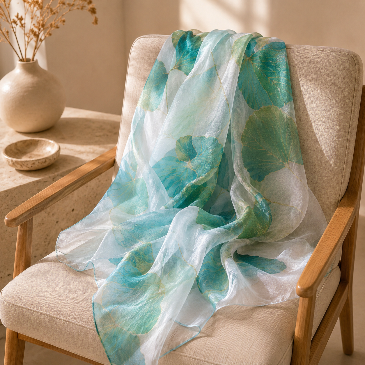 Turquoise sjaal – licht, botanisch & zomers