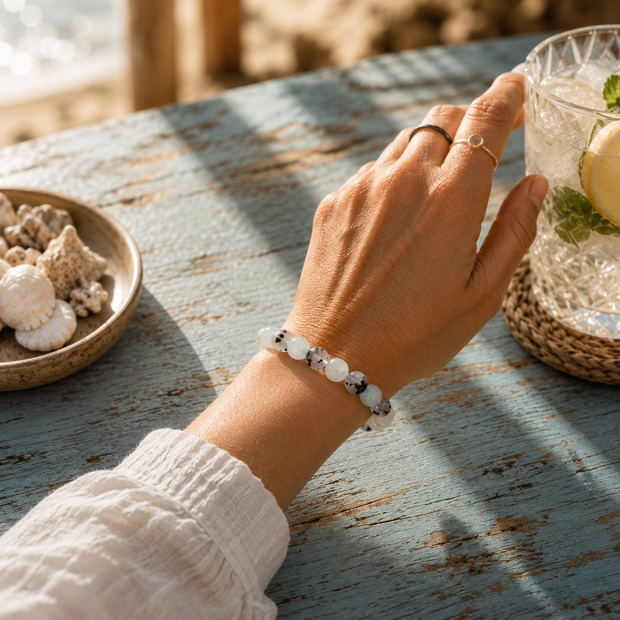 Aquamarijn armband met bergkristal en toermalijn