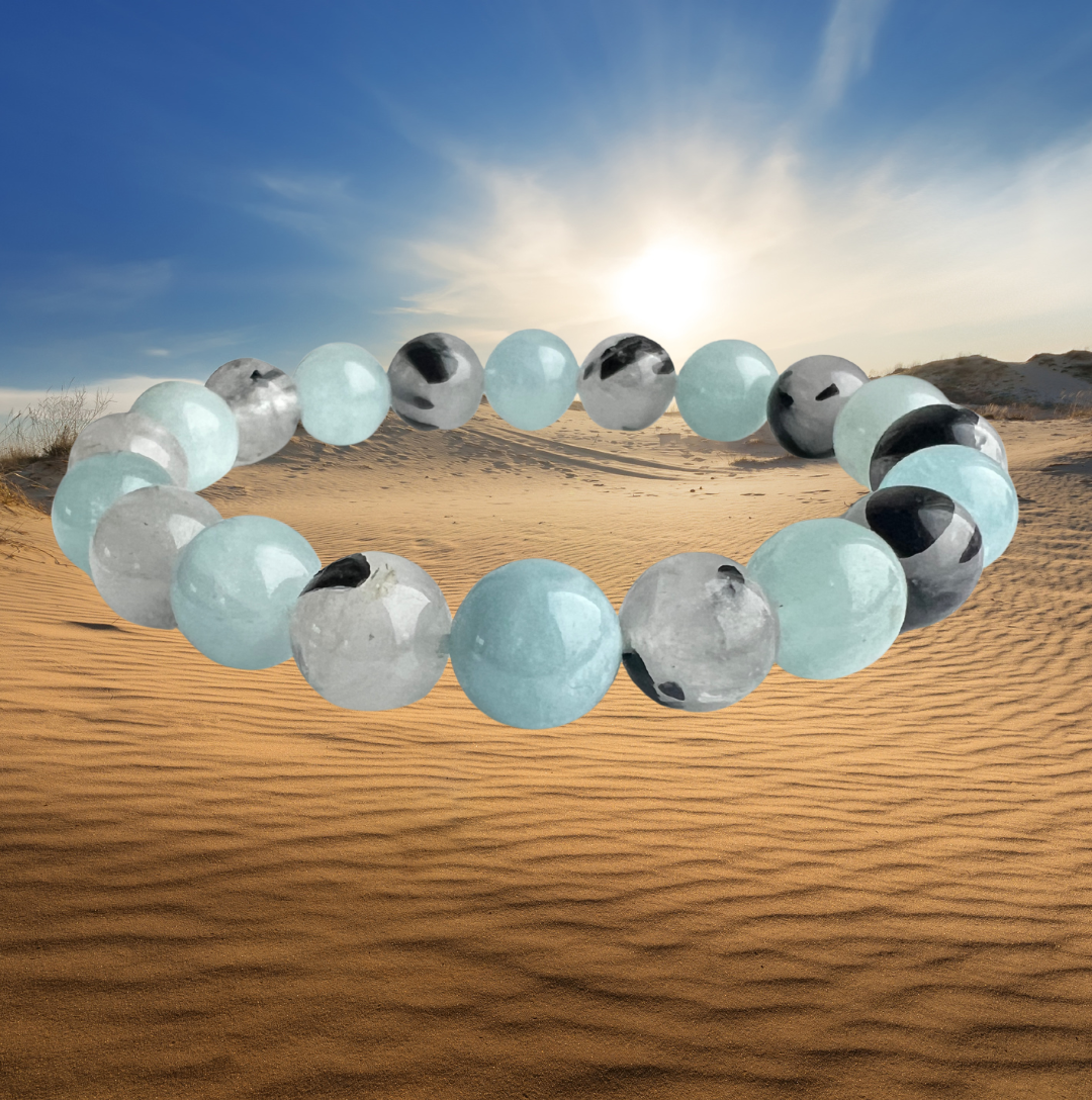 Aquamarijn armband met bergkristal en toermalijn