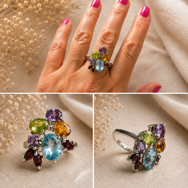 Zilveren ring met kleurrijke edelstenen