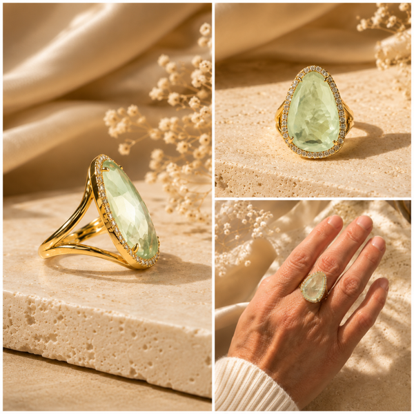 Verguld zilveren ring met prehniet en zirkonia