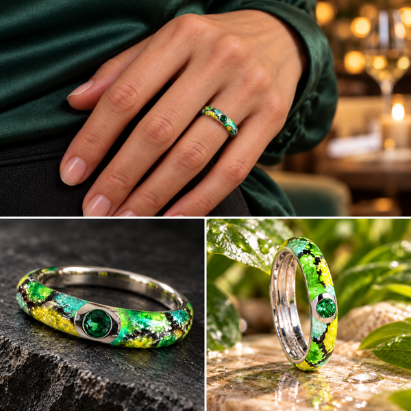 Zilveren pythonring met groen emaille en zirkonia