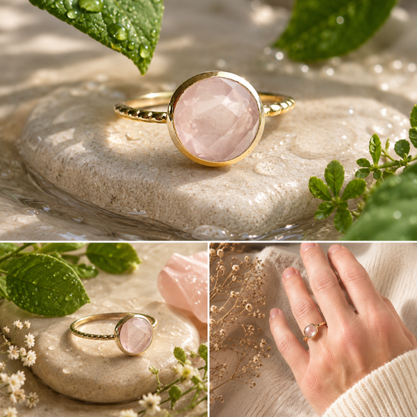Verguld zilveren ring met rozenkwarts