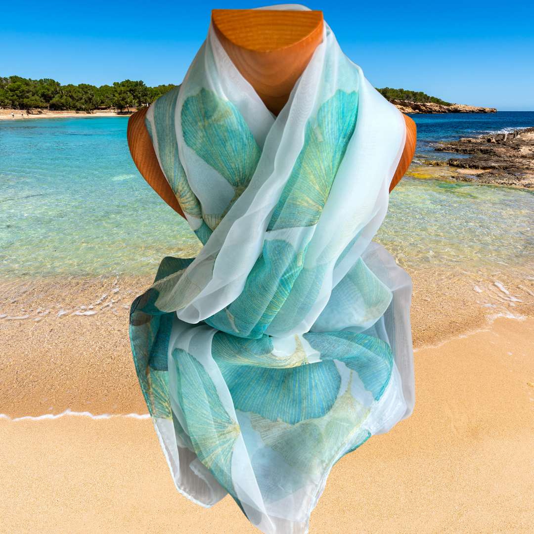 Turquoise Sjaal met gingko motief