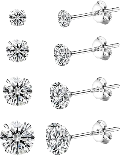 4 Pairs of Earrings 925 Silver for Women, Stud Earrings 925 Silver, 5A+ Cubic Zirconia, Size: 3/4/5/6 mm, Hypoallergenic Earrings Set, Anti-Oxidation, Elastic Packaging, Sterling Silver, Cubic