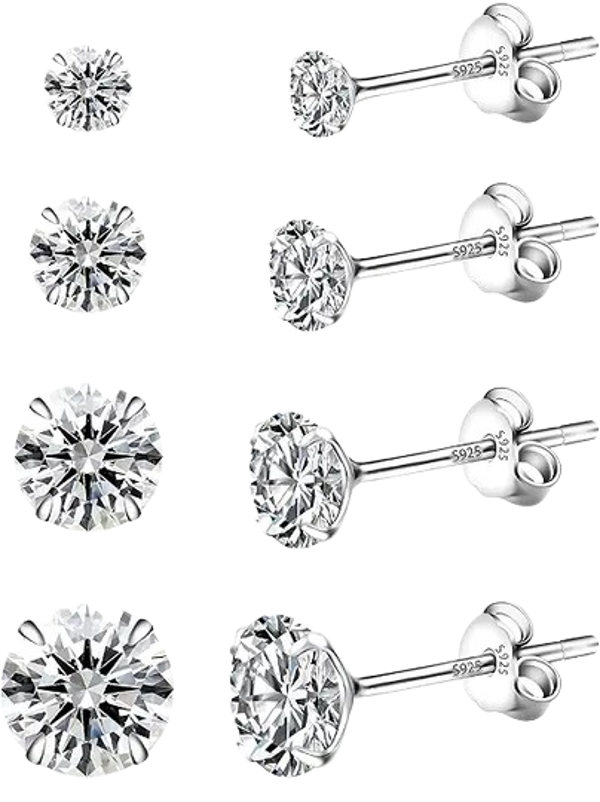 4 Pairs of Earrings 925 Silver for Women, Stud Earrings 925 Silver, 5A+ Cubic Zirconia, Size: 3/4/5/6 mm, Hypoallergenic Earrings Set, Anti-Oxidation, Elastic Packaging, Sterling Silver, Cubic