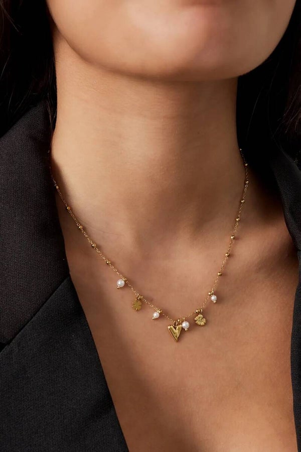 Gouden Bedelketting met Hartje & Klavertjes – Stainless Steel