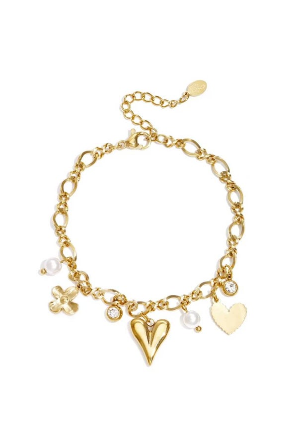Gouden Bedelarmband met Hartjes & Parels – Stainless Steel