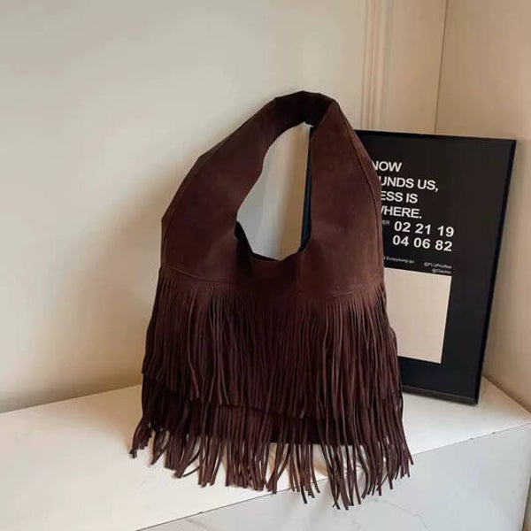 Suède Fringe Shopper – 100% Echt Suède Leer Dark brown