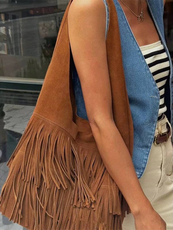 Suède Fringe Shopper – 100% Echt Suède Leer Camel