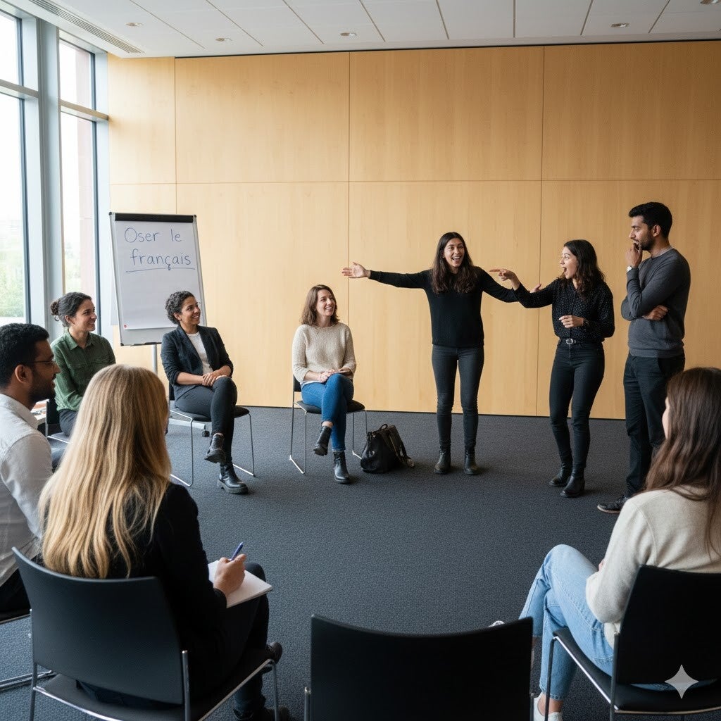 Exercice d’improvisation en cours de français oral pour adultes à Daillens