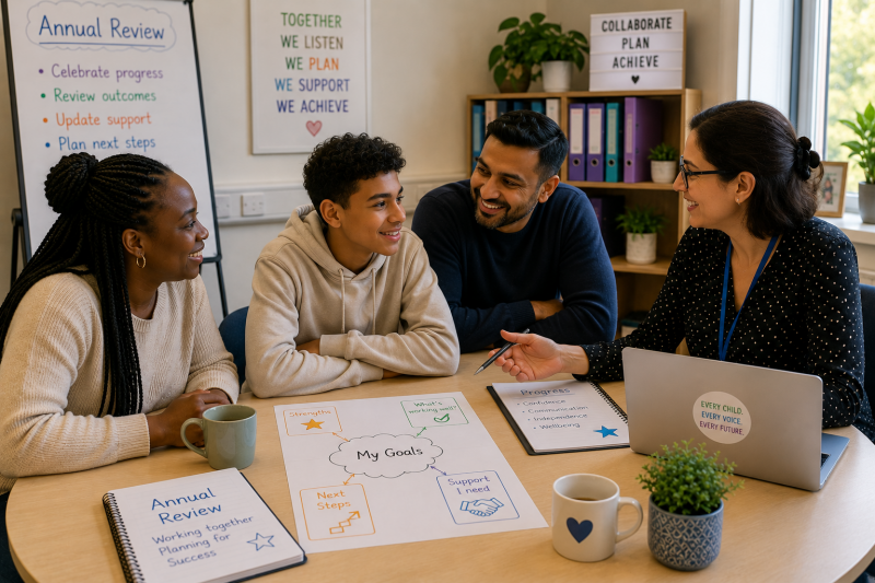 Annual review meeting for a young person with SEND, involving parents and education professionals discussing progress, EHCP outcomes, support needs and future educational goals.