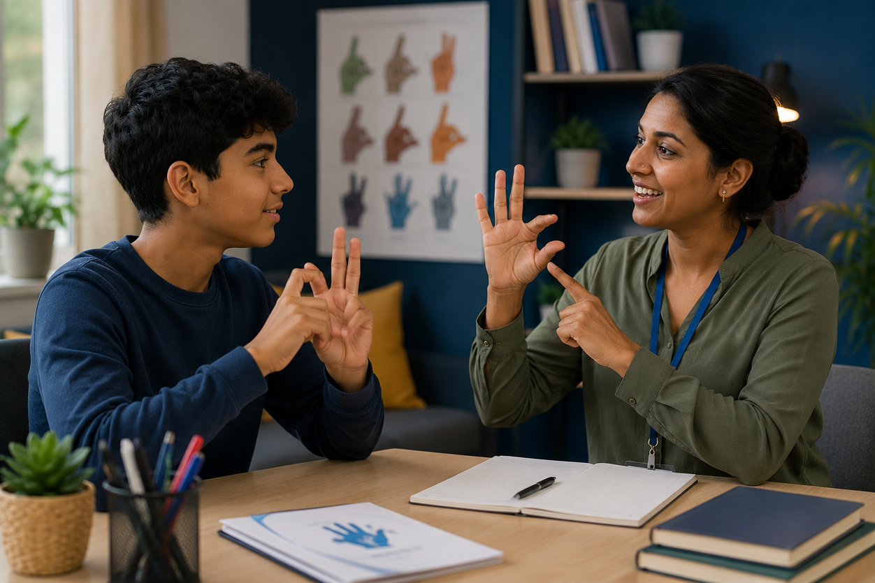 Young person receiving accessible education and British Sign Language communication support