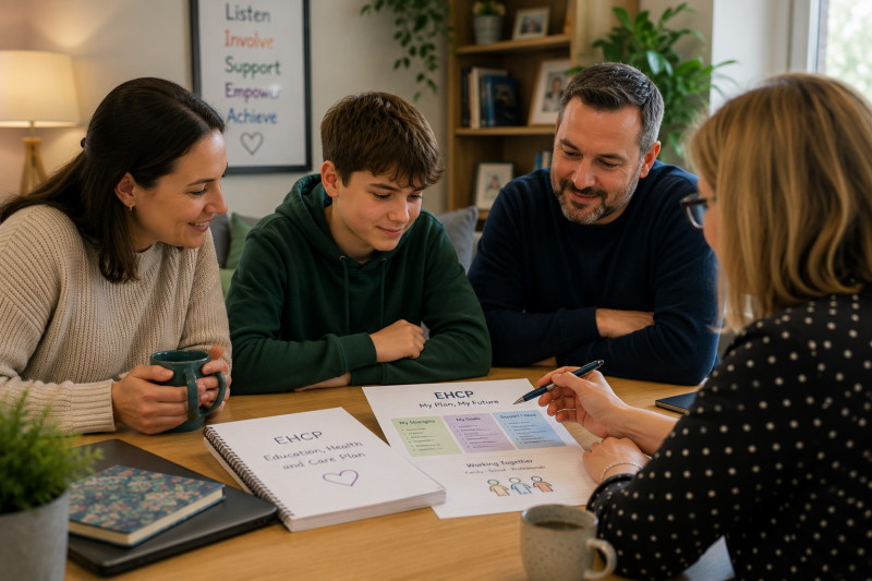 Parents preparing for an EHCP needs assessment meeting with SEND professionals to discuss special educational needs, support requirements and education provision.