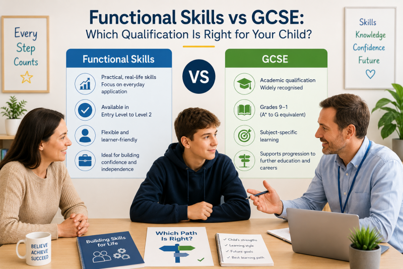 A parent, student and education professional reviewing the differences between Functional Skills and GCSE qualifications. The discussion focuses on learning styles, future education pathways, career aspirations and selecting the most appropriate qualifica