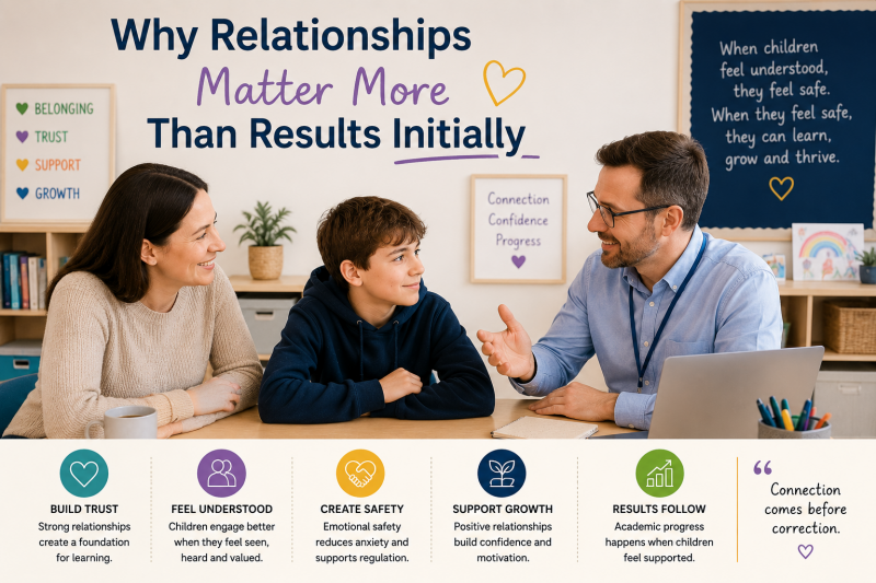 Education professional building a positive relationship with a young person and parent, demonstrating how trust, connection and emotional safety support successful learning outcomes.
