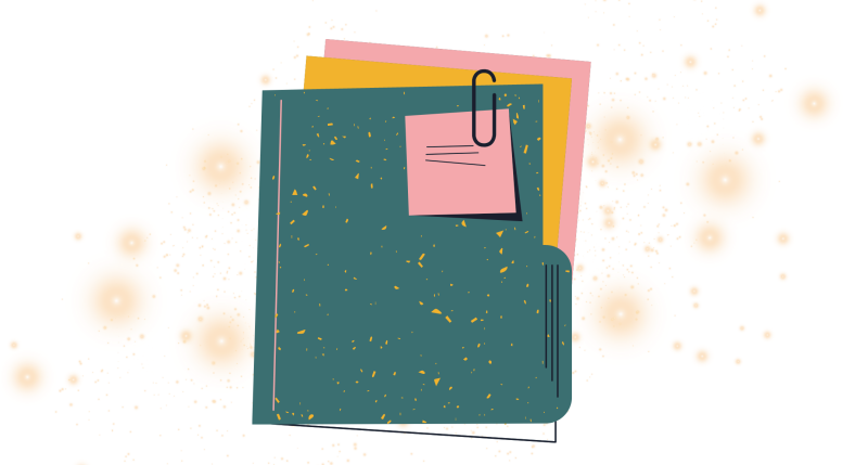 Drei Hefte, das oberste ist petrolfarben, das in der MItte senfgelb und das unterste rosa. Auf dem obersten Heft ist mit einer Büroklammer eine rosafarbene Notiz befestigt. Im Hintergrund Sternenstaub.