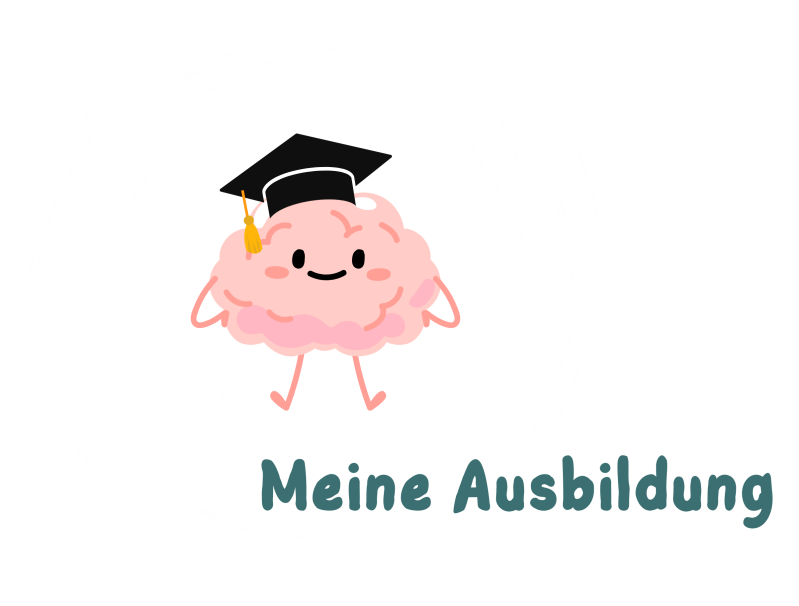 Auf einem weißen Kreis eine Figur, die an ein Gehirn erinnert. Sie hat die Arme in die Hüfte gestemmt und schaut stolz. Die Figur trägt einen Hut, wie ihn auch die AbolventInnen des College tragen. Unten rechts ein petrolfarbener Schriftzug "Meine Ausbild
