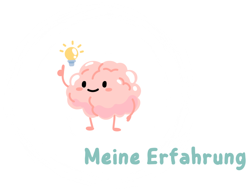 Auf einem weißem Kreis eine rosane Figur, die an ein Gehirn erinnert. Die Figur schaut freundlich, hebt den Finger, als ob sie etwas wüsste. Überhalb des Fingers, eine Glühbirne. Unten rechts der Schriftzug "Meine Erfahrung".