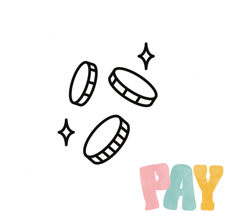 Ein weißer Kreis im Hinergrund. Darauf  Münzen und das Wort "PAY" in den Farben rosa, hellblau und senfgelb