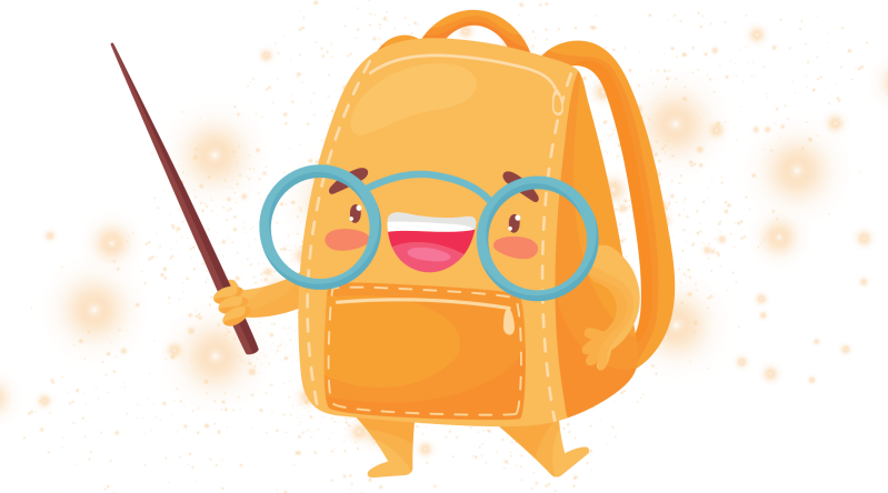 Eine lachende und fröhliche Figur, die wie ein Lederschulranzen aussieht. Die Figur trägt eine hellblaue Brille und hat in der rechten Hand einen Zeigestock. Die linke Hand ist in die Hüfte gestemmt. Im Hintergrund Sternenstaub.