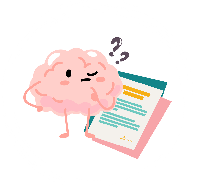 Ein weißer Kreis. Dort ist eine Figur zu sehen, die an ein Gehrin erinner. Es scheint zu grübeln. Überhalb seines Kopfes ist ein Fragezeichen zu sehen. Zu seinen Füßen liegt ein Stapel Unterlagen.