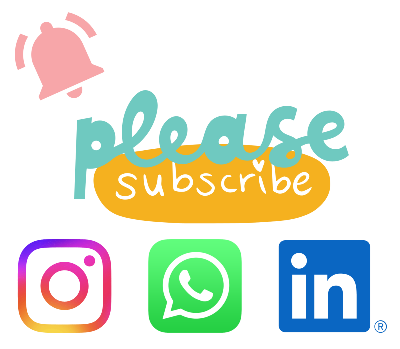 Eine rosa Glocke, ein türkiser Schriftzug "please" und ein senfgelbes "subscribe". Darunter die Symbole für Instagram, WhatsApp und LinkedIn