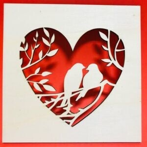 Hart in vierkant met 2 duiven op tak 15x15x0,4 cm hout