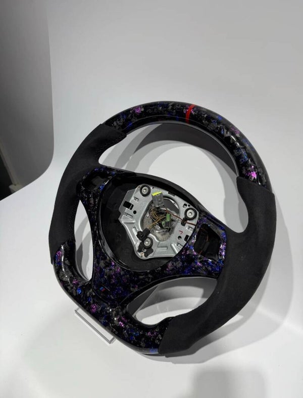 Forged Carbon Steering Wheel for BMW E90–E93 | Blue & Purple Flakes, Red Stripe