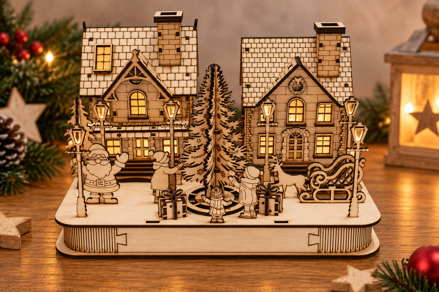Weihnachtsszene mit LED-Lichterkette & persönlicher Gravur