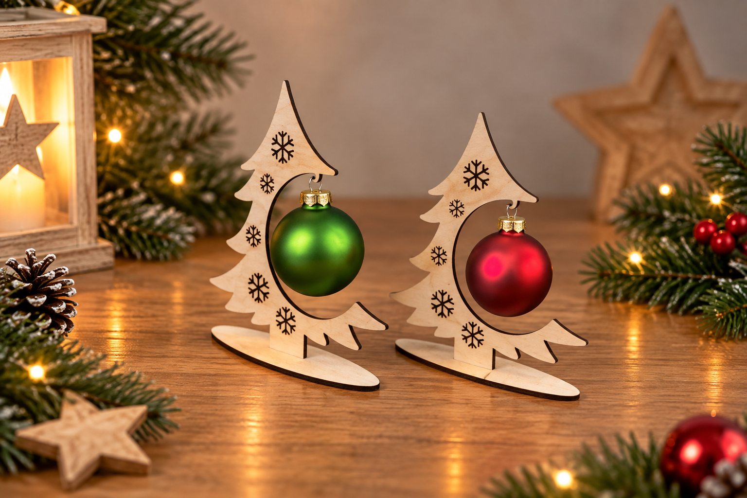 2er-Set Weihnachtskugel-Halterungen (ohne Kugel)– Baumoptik mit Schneeflocken